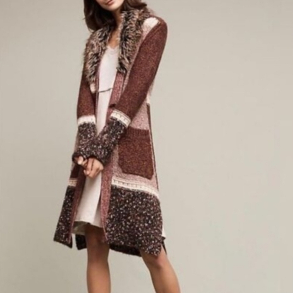 FINAL Wool blend Multi-Color Long Toggle button knit cardigan Fauxfur collar